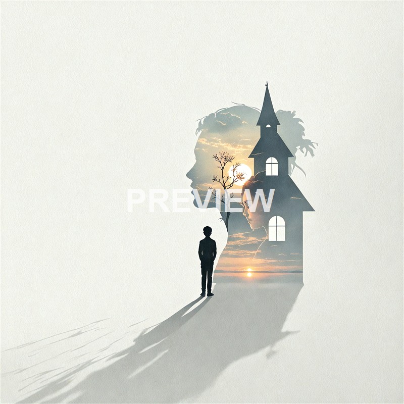 A silhouette of a person standing in front of a double exposure image combining a person's profile, a sunset sky, and a house with a tall spire, creating a layered visual effect.
